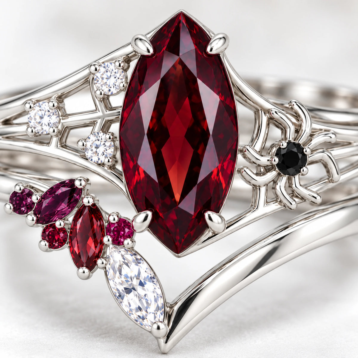Kafka Stacking Ring Set, close-up of the wine-red stone and spider