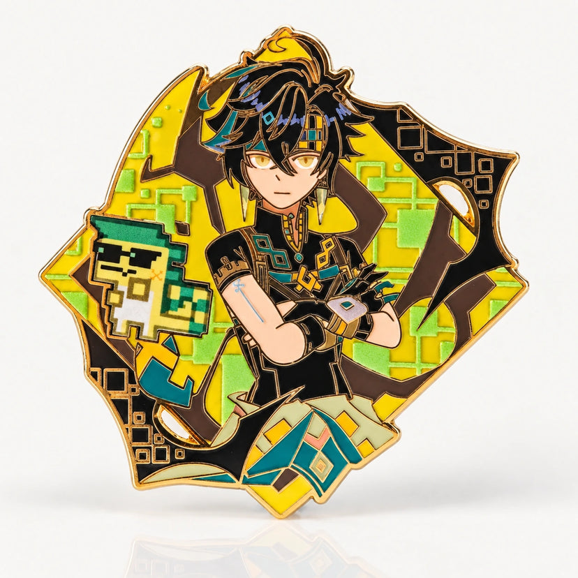 Kinich Glow in the Dark Enamel Pin by Kraymer Art, front view on white