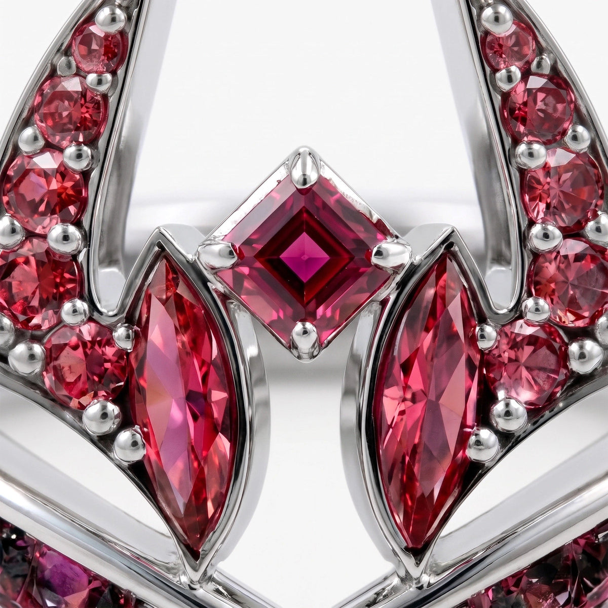 Solid Gold Malevolent Shrine Ring deep-red lab-grown gemstones, close up