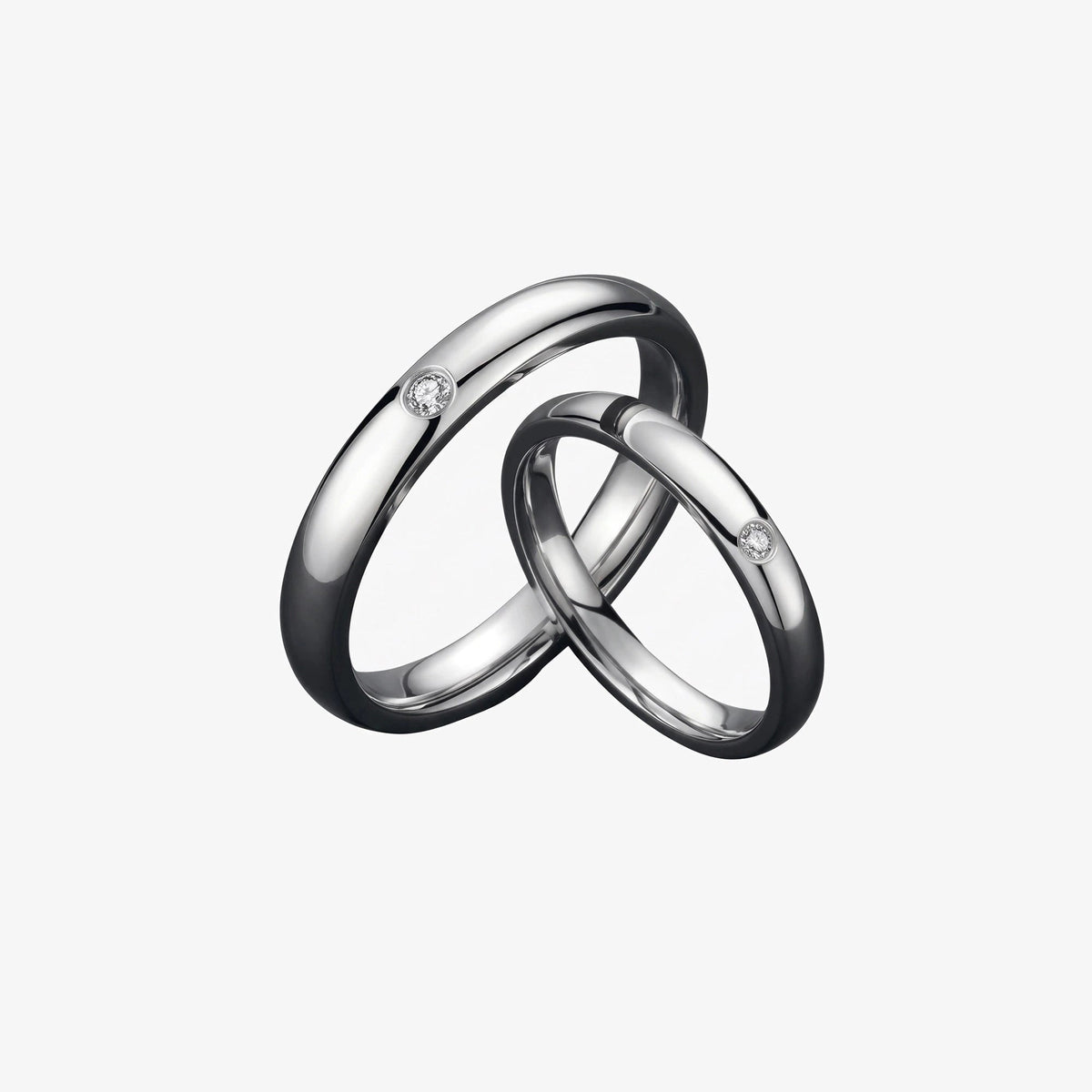 Solid Gold Pure Love Couple Ring Set in 14K white gold, both rings