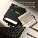 Kraymer black vegan saffiano leather gift box and cream hand-stitched suede pouch, usually $34 and $28, included free