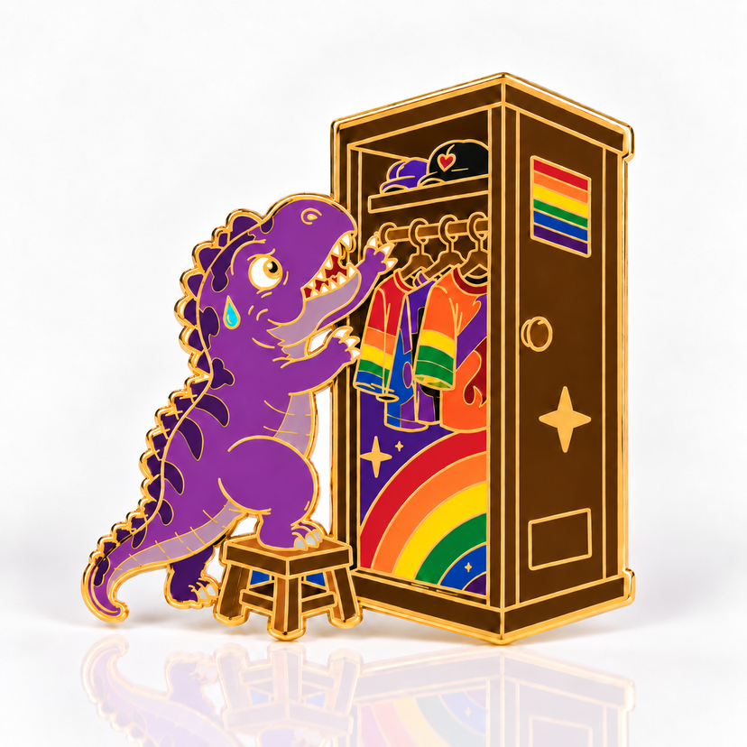 LGBT-REX enamel pin with dark purple crest on a white background with reflection