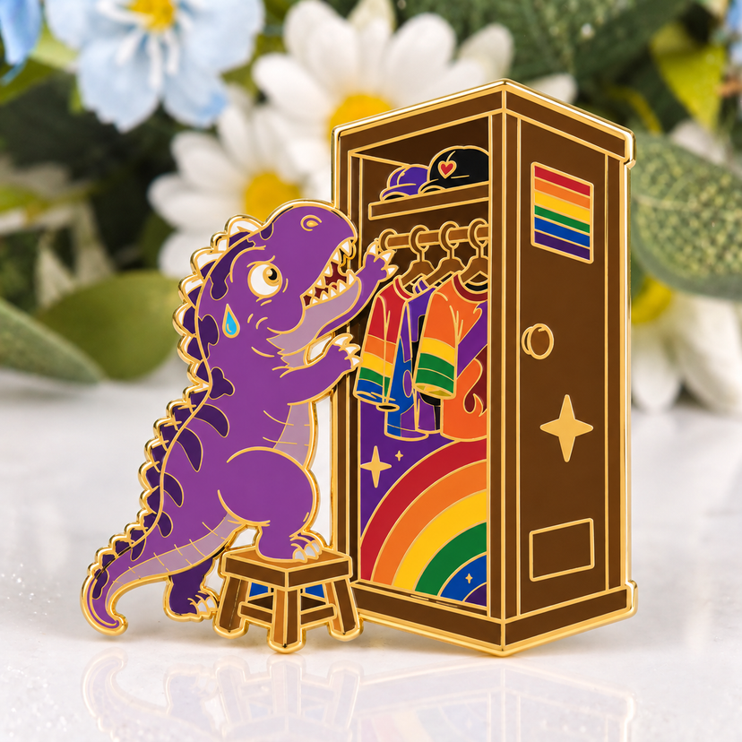 LGBT-REX enamel pin on floral background