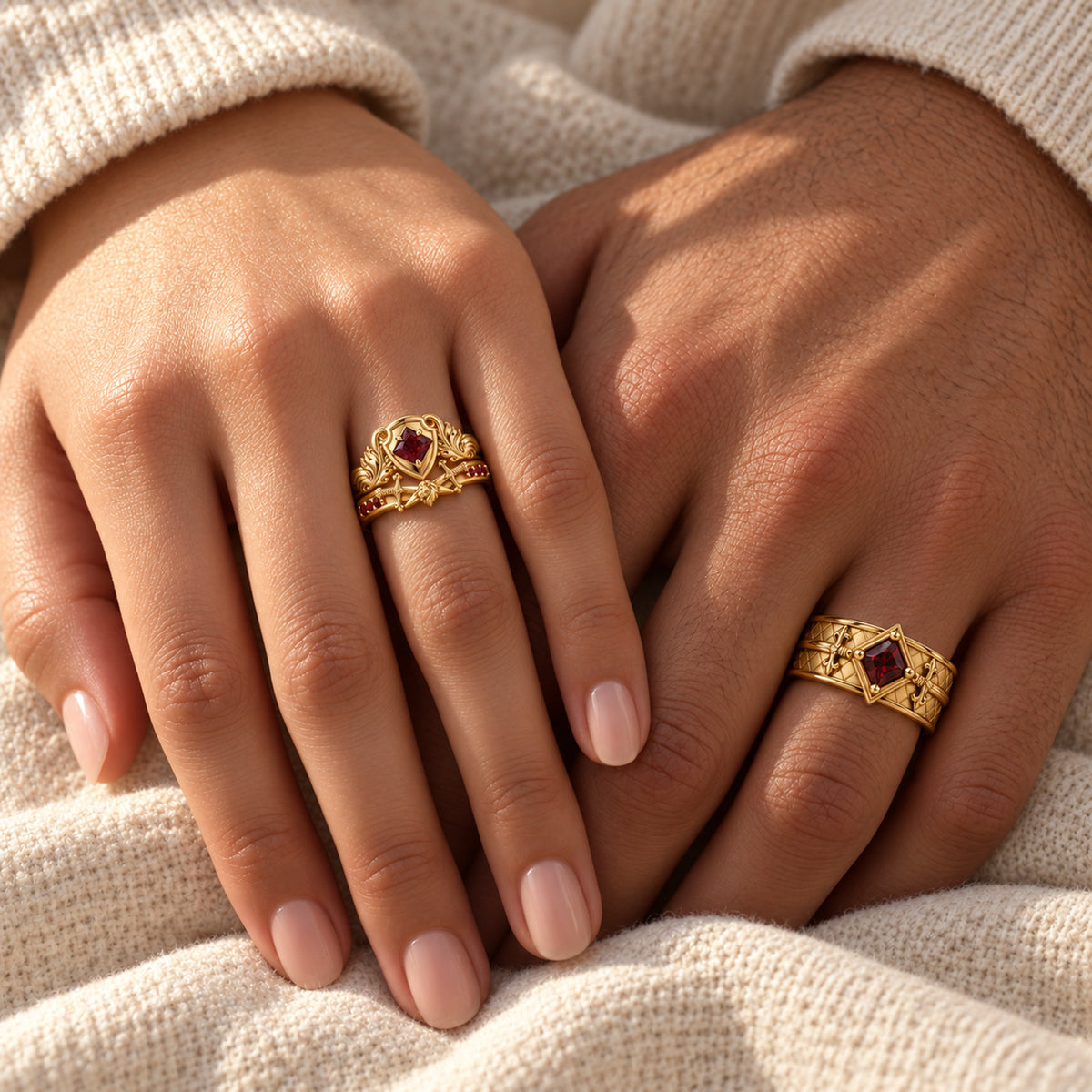 Lion Couple Ring Set in gold, worn as a couple