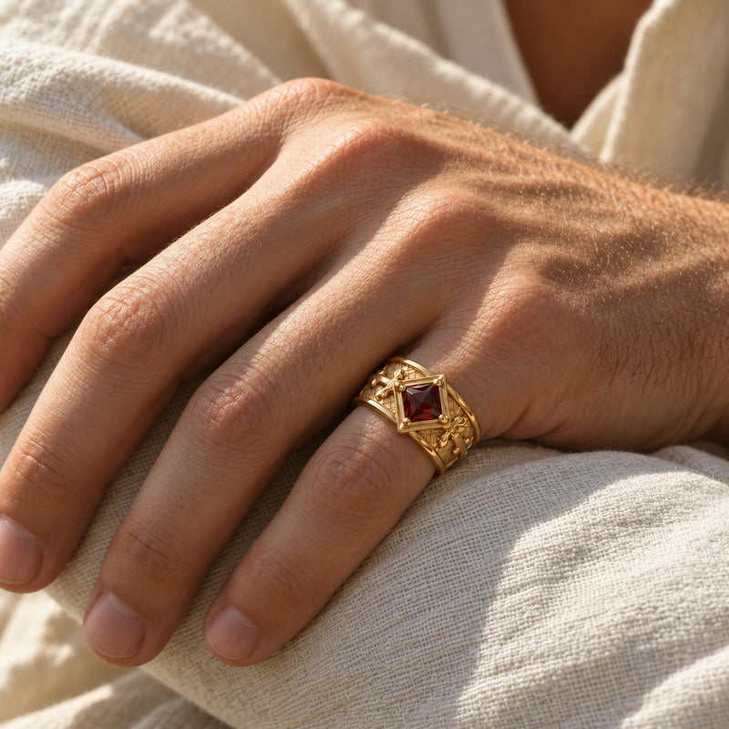 Lion Sword Wide Band in gold, worn