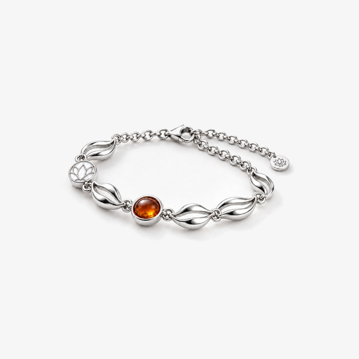 Lotus Tea Amber Bracelet in silver, left side view