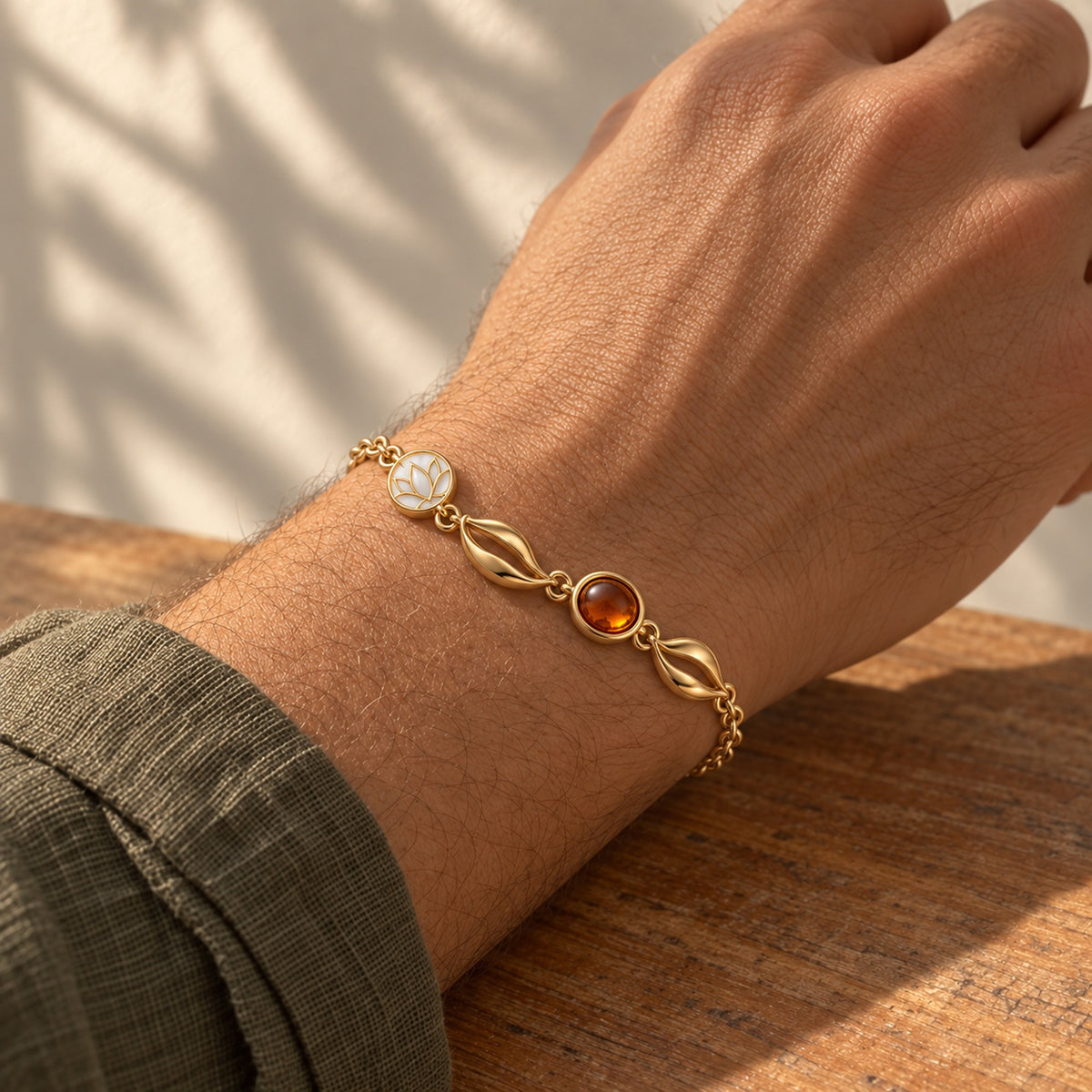 Lotus Tea Amber Bracelet in gold, worn