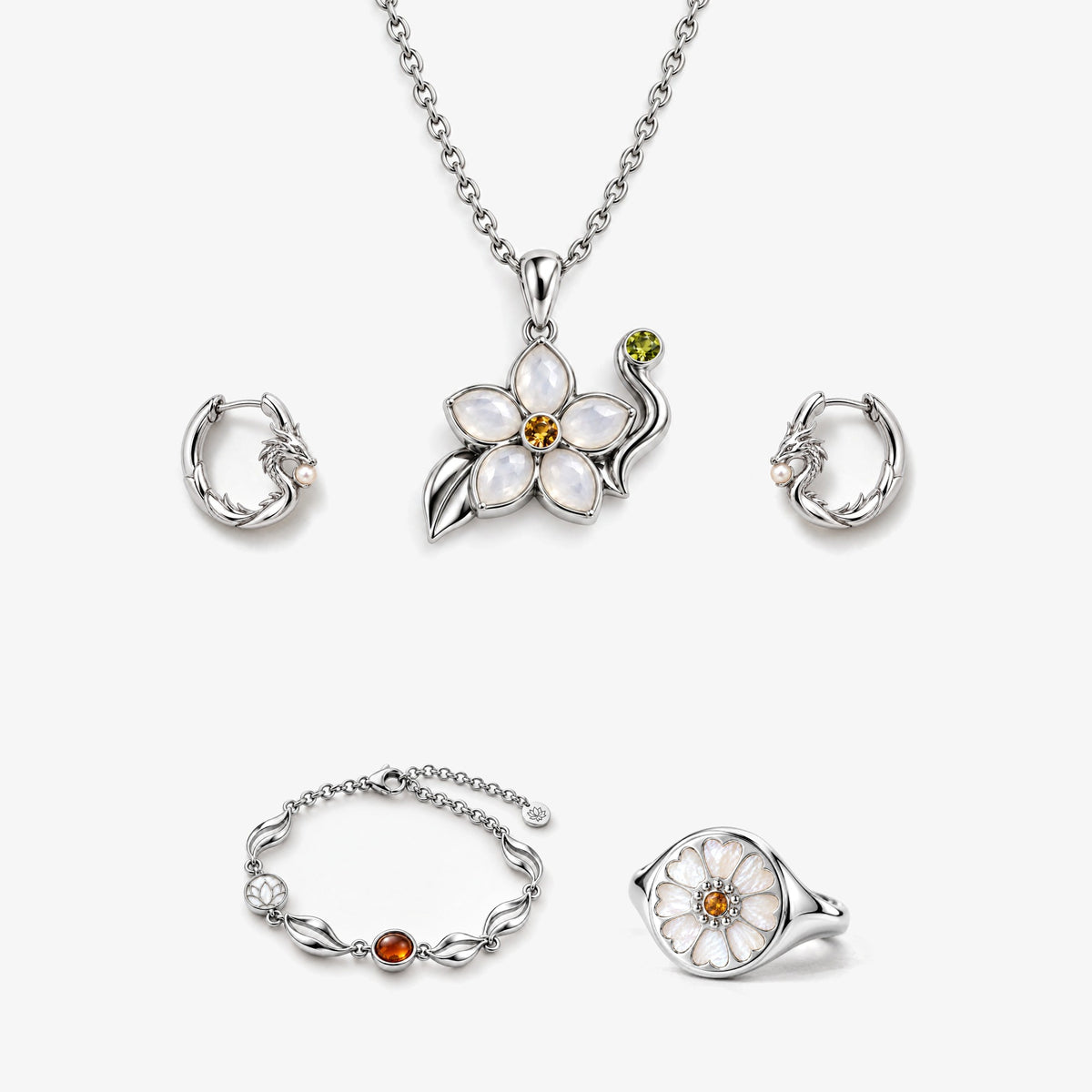 Lotus Tea Full Collection Set in silver, front view