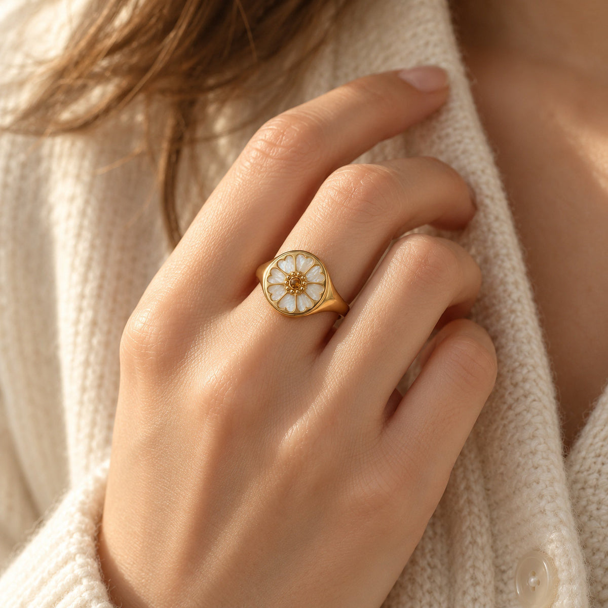 Lotus Tea Signet Ring in gold, worn