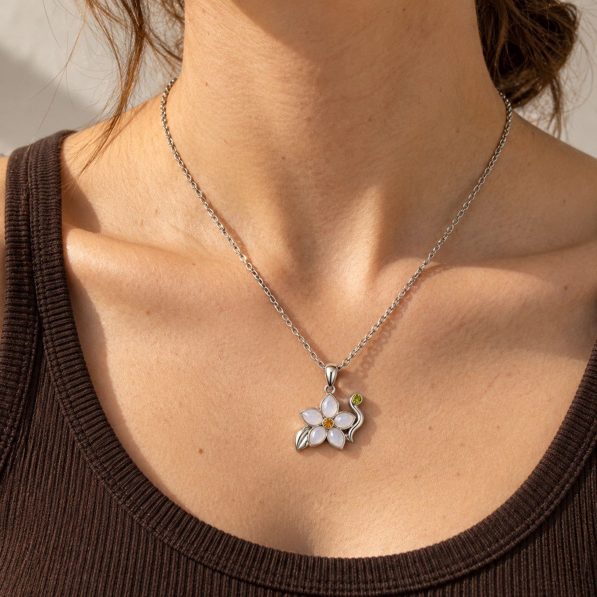 Lotus Tea Jasmine Necklace in silver, worn