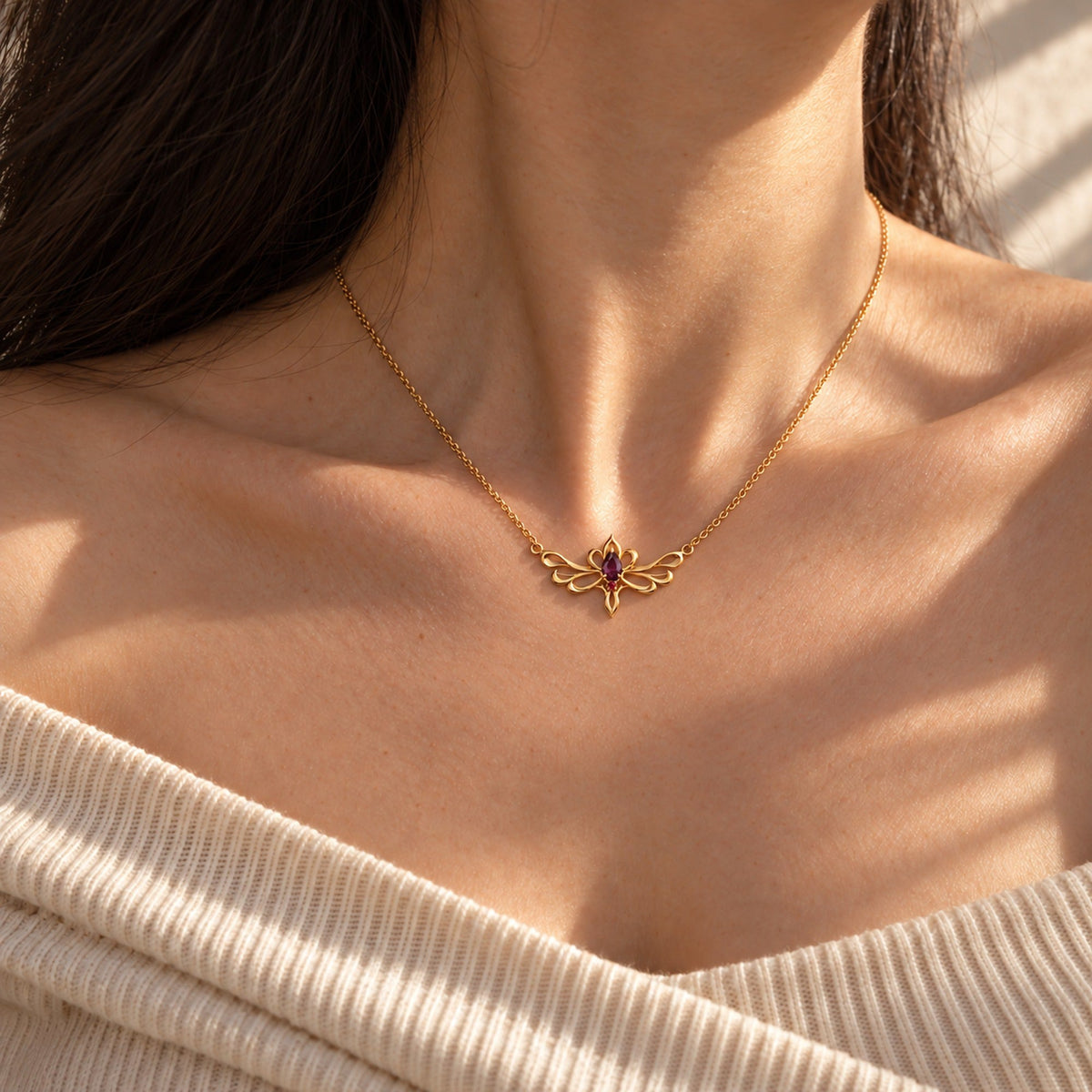 Loulan Yoke Necklace in gold, worn
