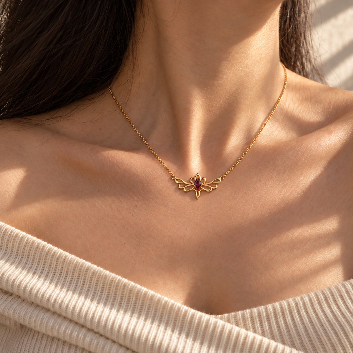 Loulan Yoke Necklace in gold, worn