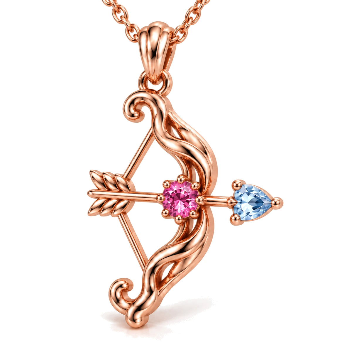 March 7th Bow and Arrow Necklace in rose gold, three-quarter view