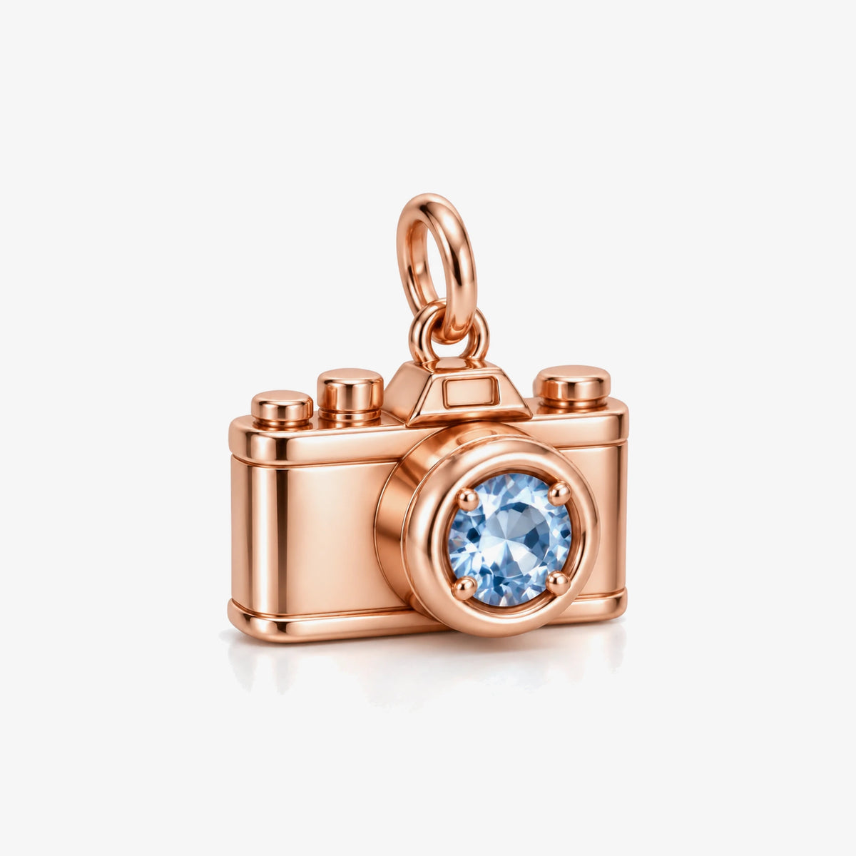 March 7th Camera Charm in rose gold, three-quarter view