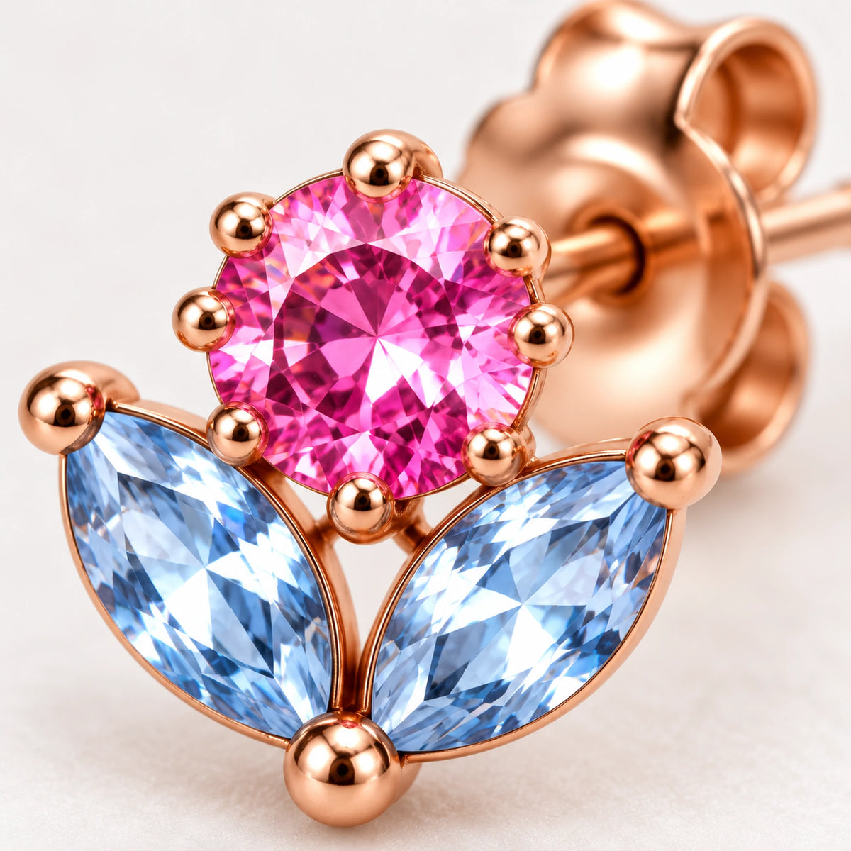 March 7th Ice Flower Earrings, close-up of the pink and ice-blue stones