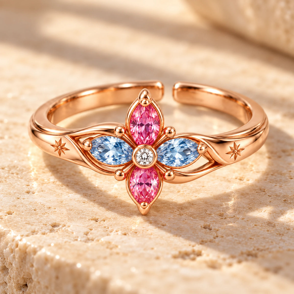 March 7th Ice Flower Ring in rose gold, on warm stone in daylight