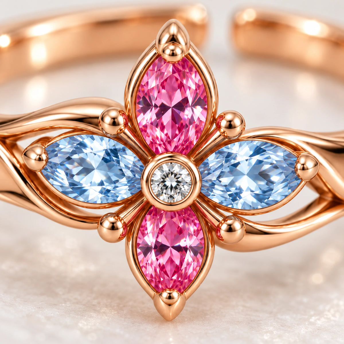 March 7th Ice Flower Ring, close-up of the pink and ice-blue stones