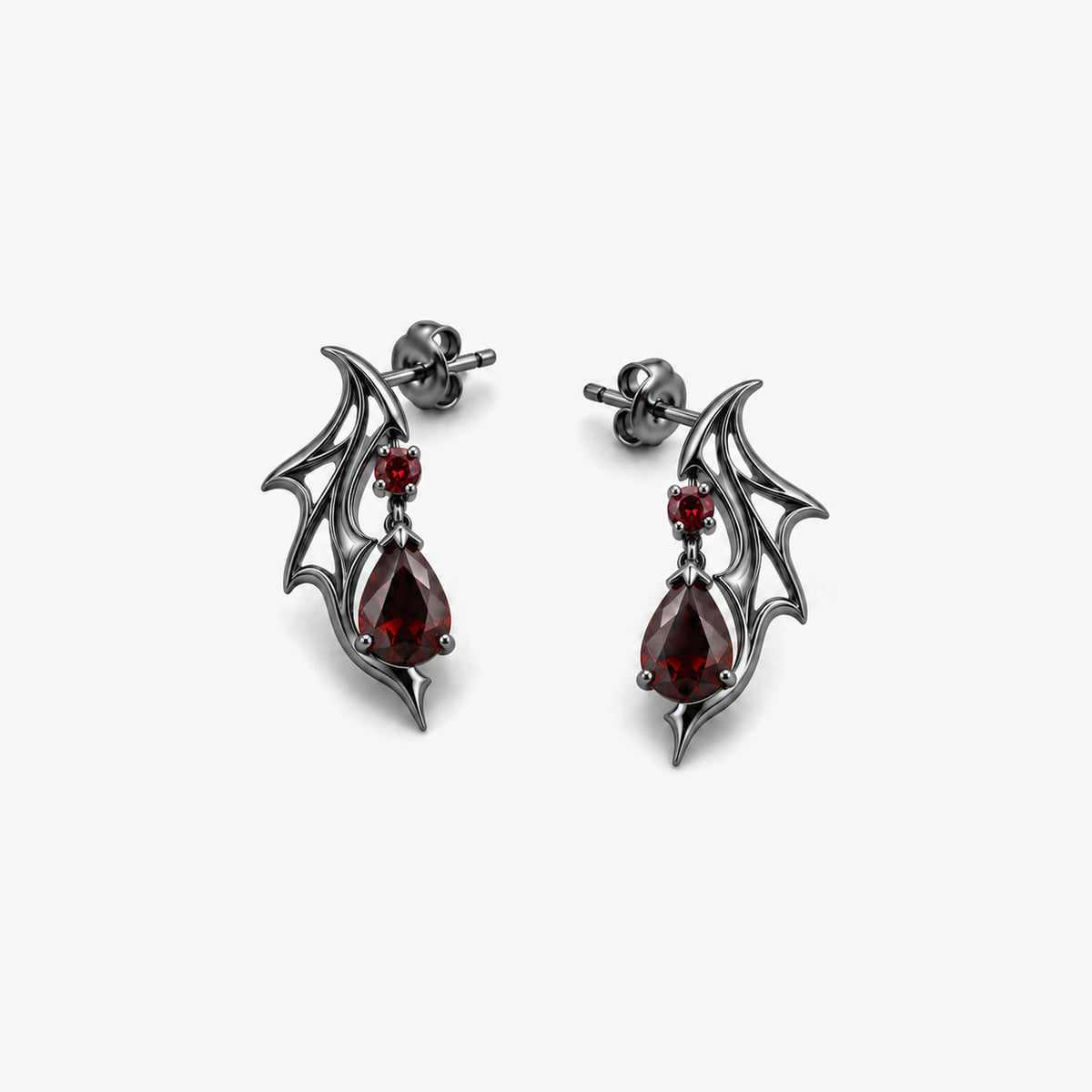 Crimson Wing Drop Earrings in Royal Black, pair lying flat, front view