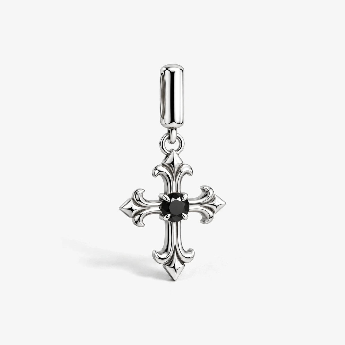 Midnight Fleur Cross Charm in silver, front view