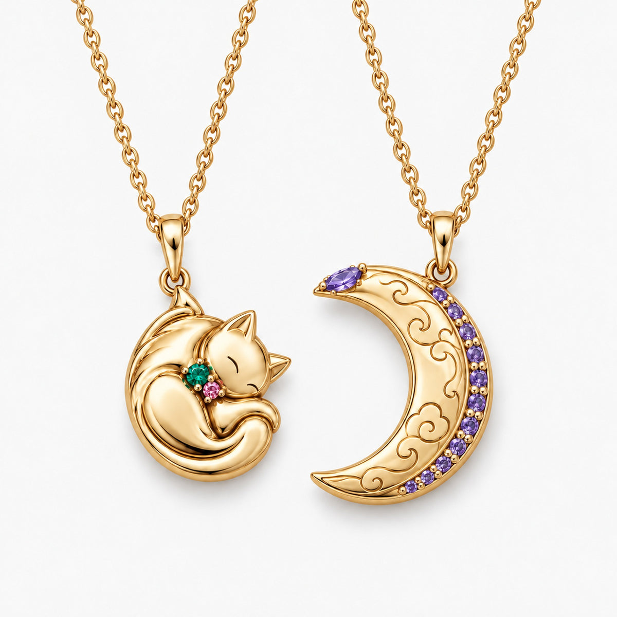 Moon and Cat necklace pair in gold: the cat necklace and the crescent necklace side by side