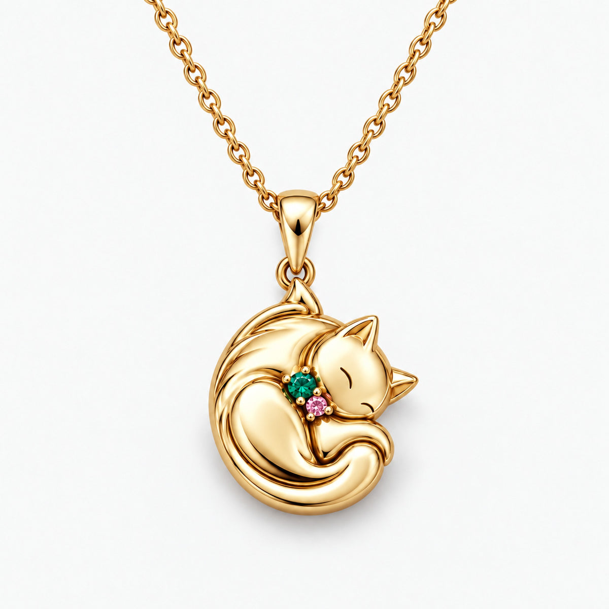 Moon and Cat necklace pair: the gold sleeping cat pendant with green and pink stones, on its own