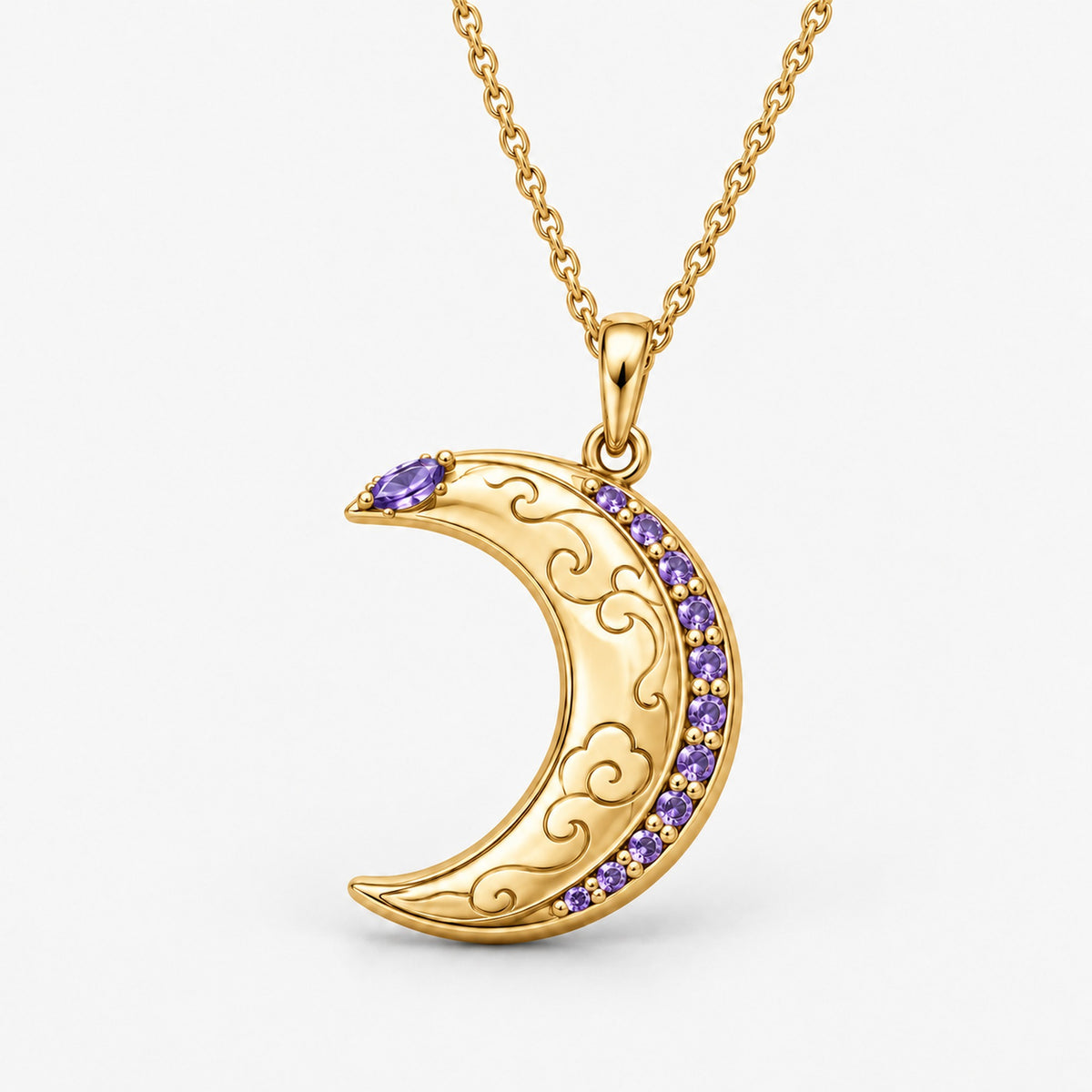 Moon and Cat necklace pair: the gold crescent pendant with violet stones, on its own