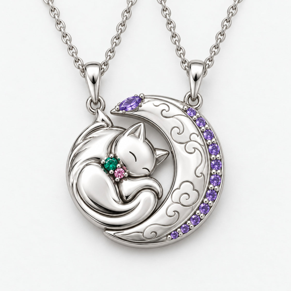 Close-up of the silver Moon and Cat necklace pair: the stones on the cat collar and the violet row on the crescent