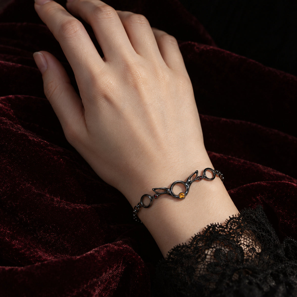 Moonrise Path Bracelet in Royal Black, worn on a woman's wrist