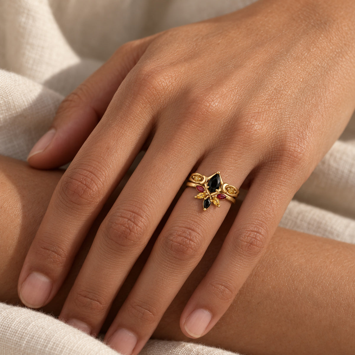 Moonrise Path Ring Set in gold, worn stacked