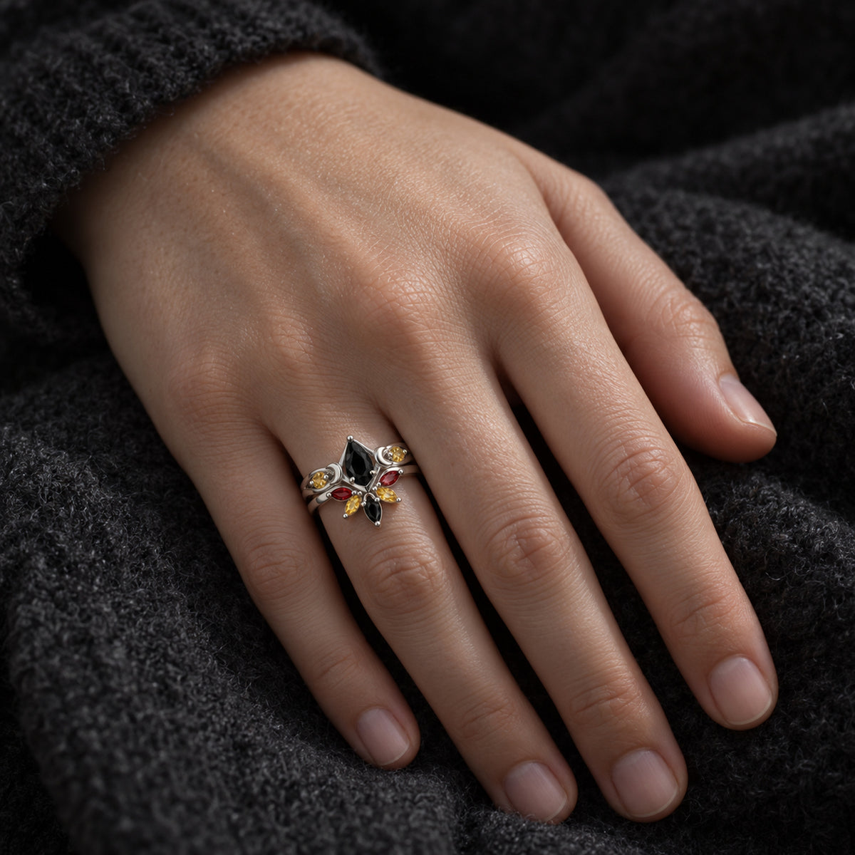 Moonrise Path Ring Set in silver, worn stacked