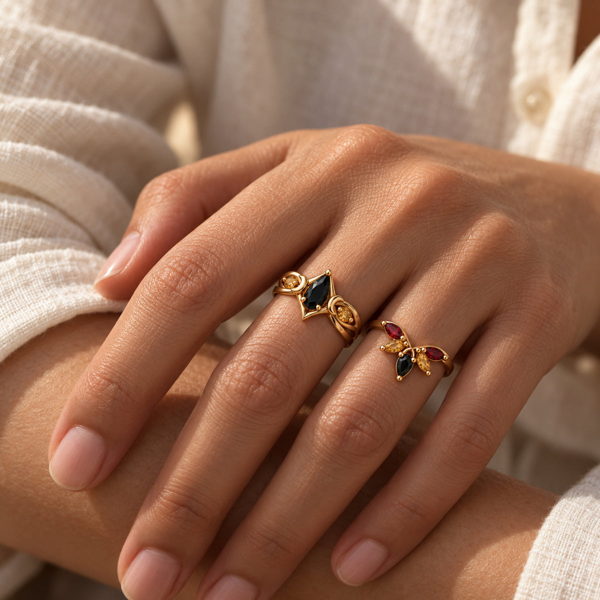 Moonrise Path Ring Set in gold, worn on two fingers