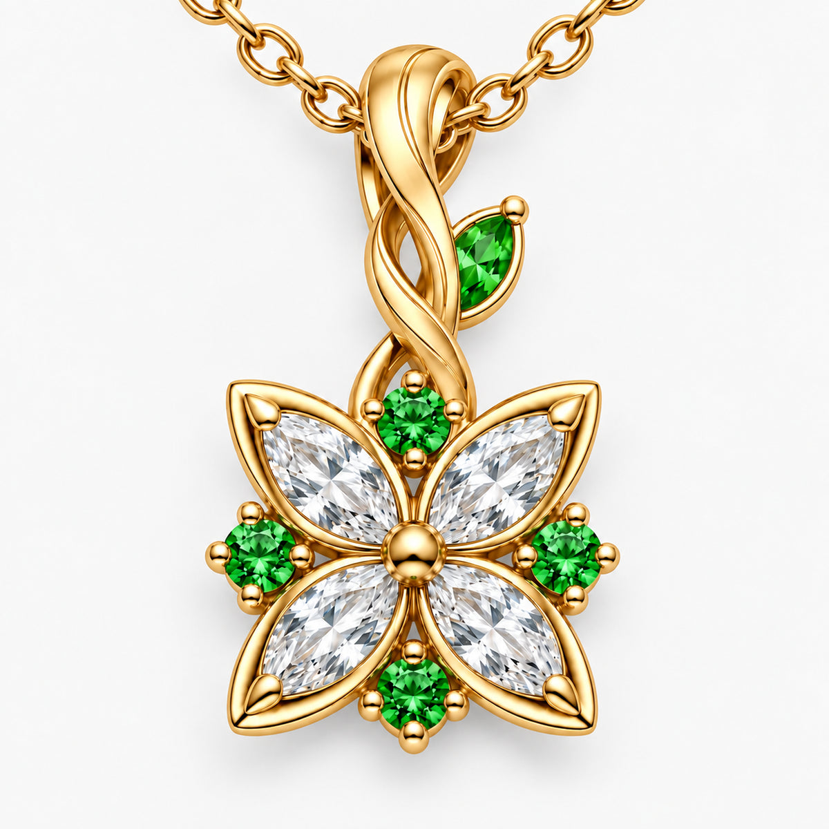 Nahida necklace in gold color, close-up of the flower pendant and twisting vine bail