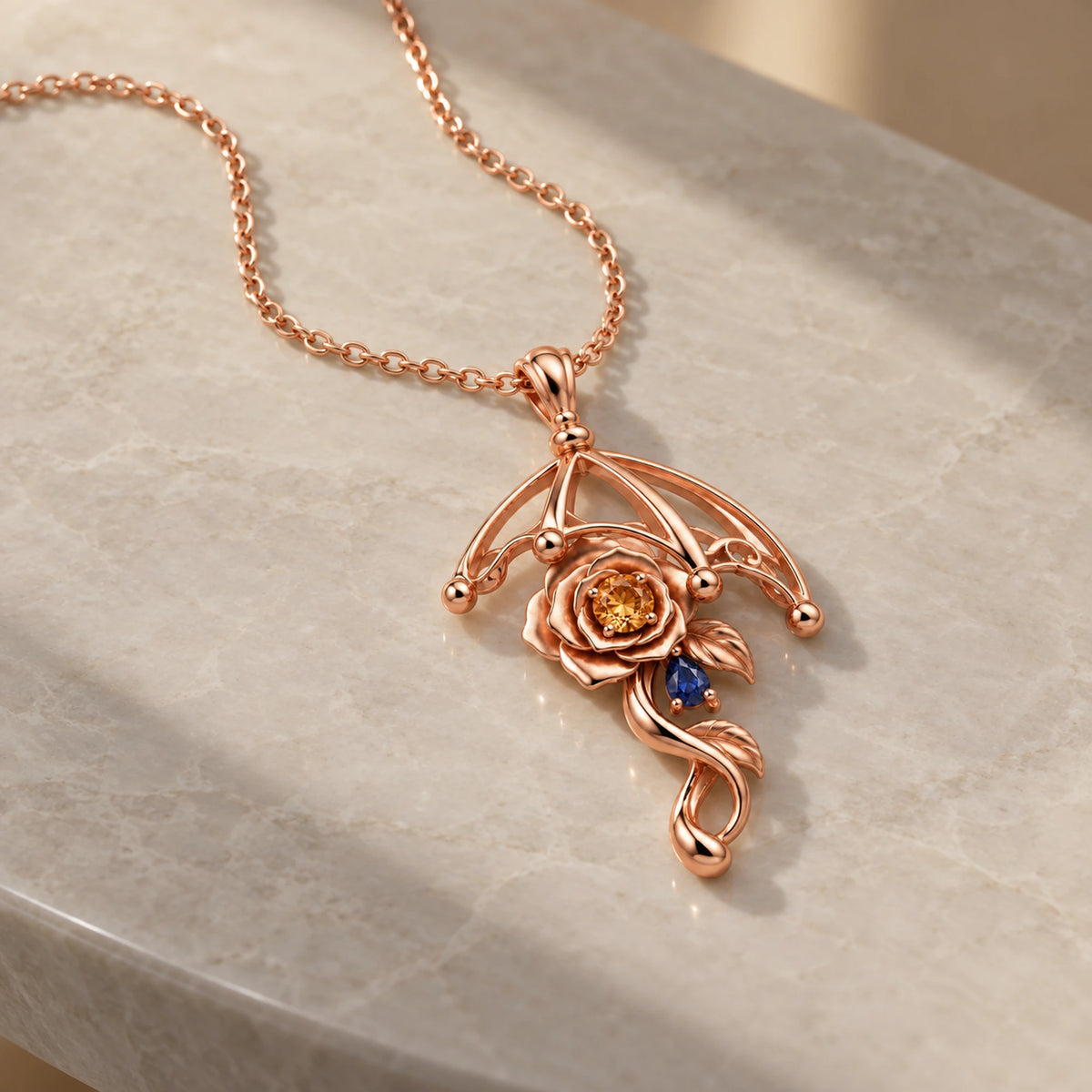Navia Necklace in rose gold, natural light still life