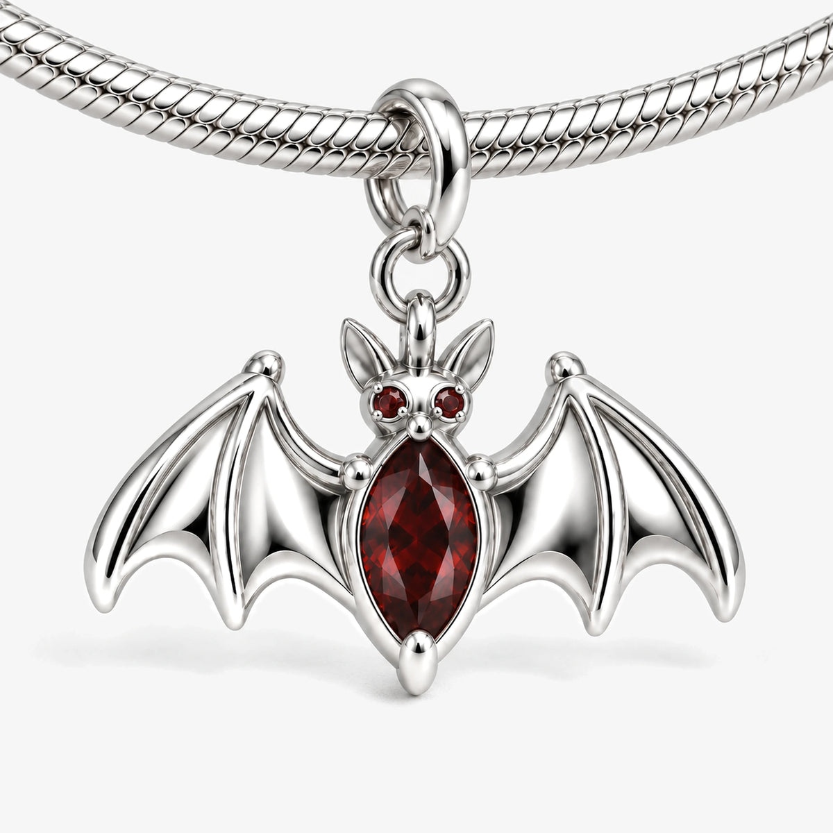 Crimson Wing Bat Charm in Silver, on our silver snake-chain charm bracelet