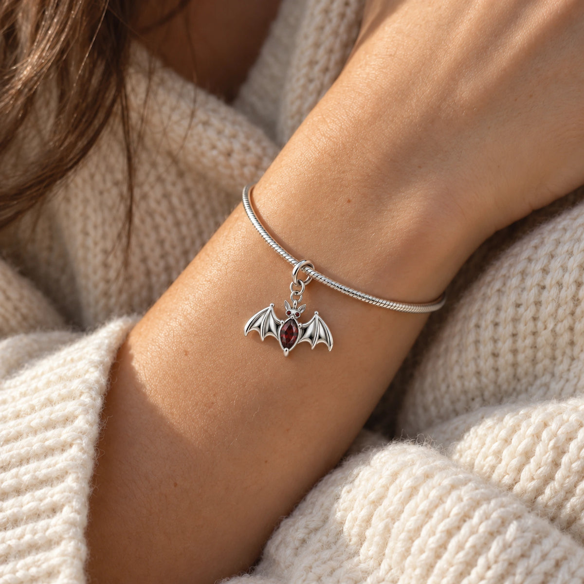Crimson Wing Bat Charm in Silver, worn