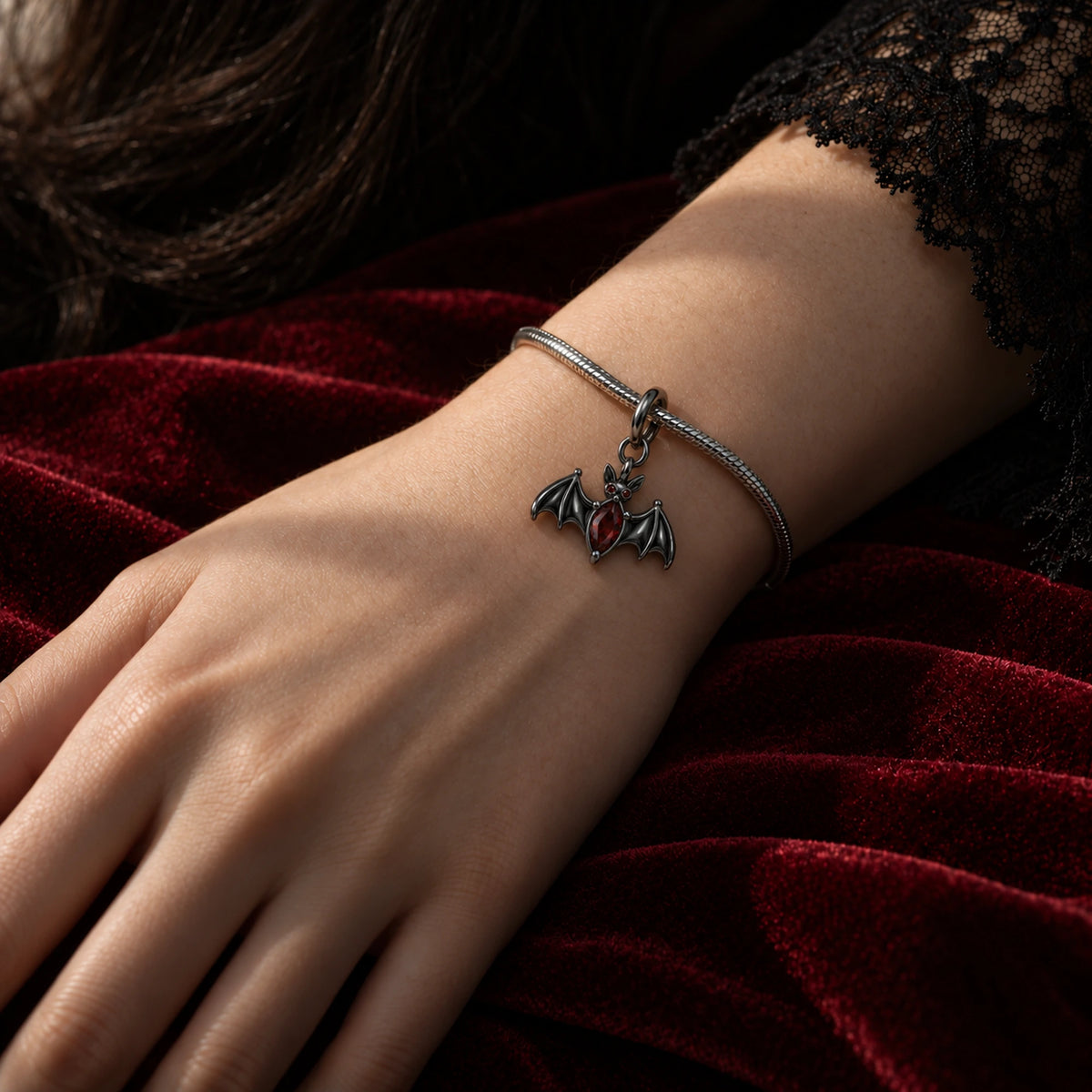 Crimson Wing Bat Charm in Royal Black, worn