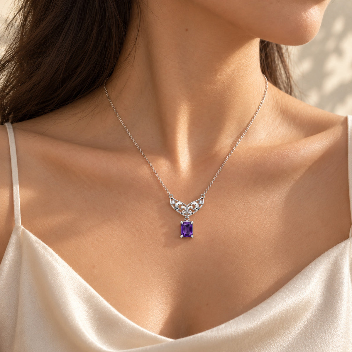 Moon Fairy Necklace in silver, worn by a woman