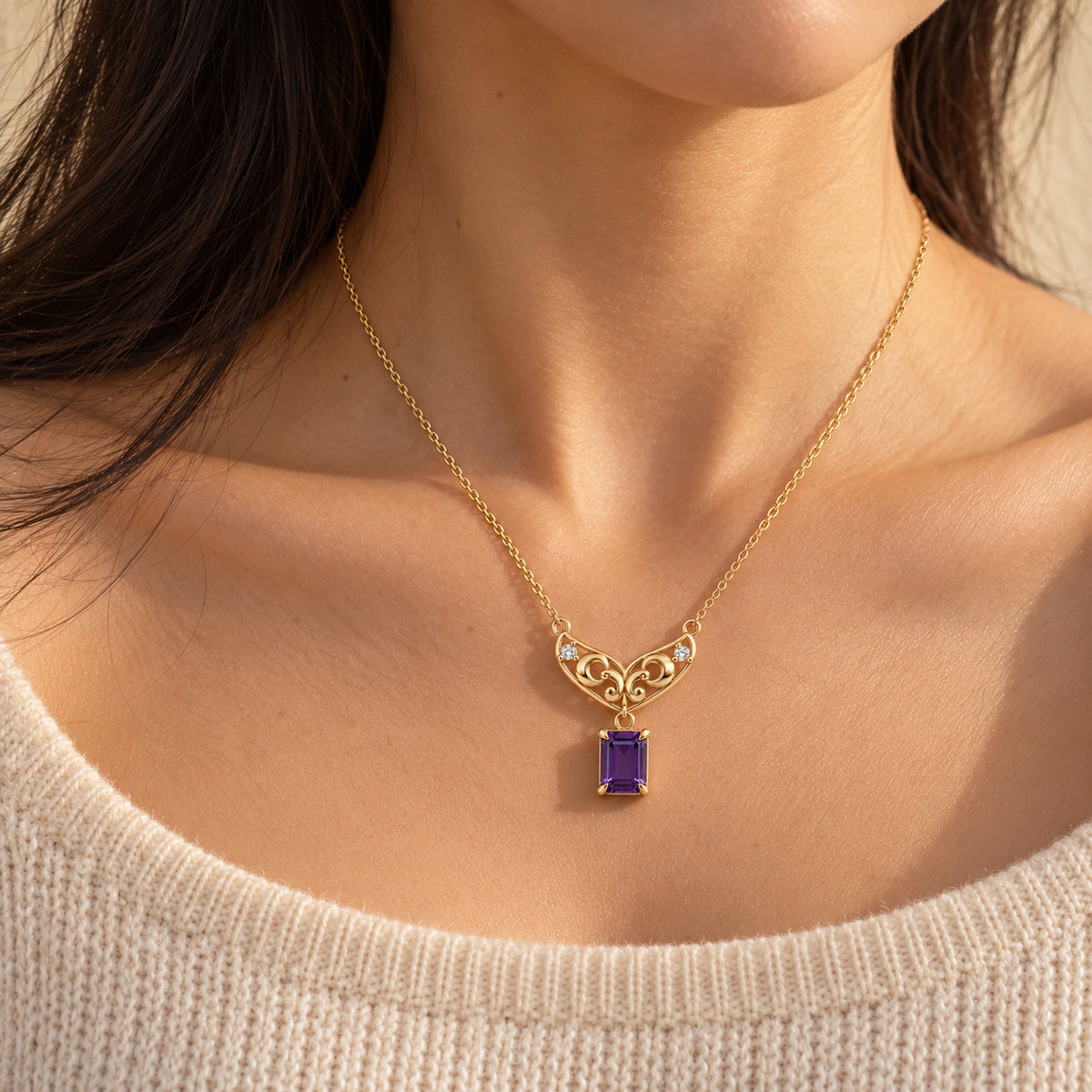 Moon Fairy Necklace in gold, worn by a woman