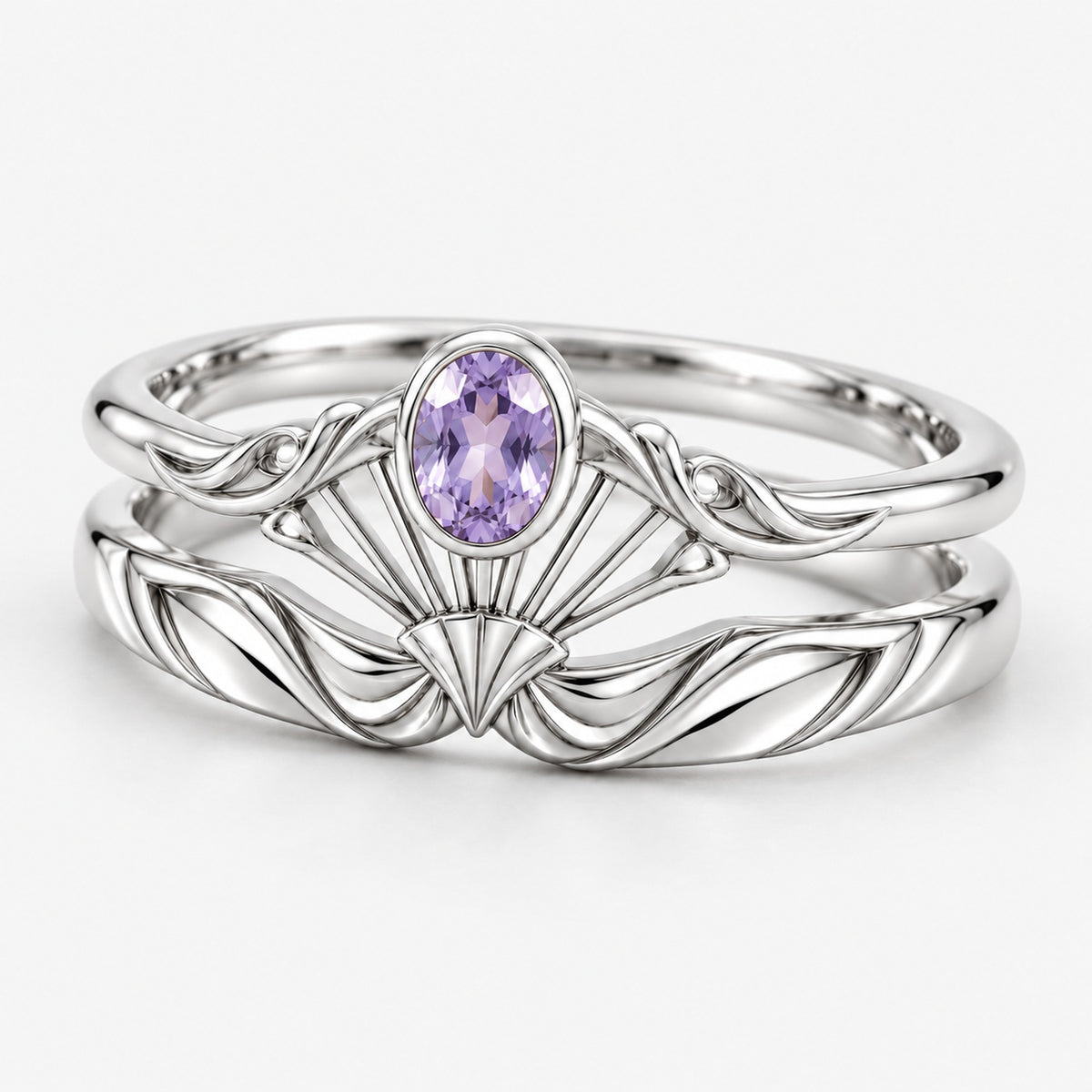Moon Fairy Fan Stacking Ring Set in silver, front view