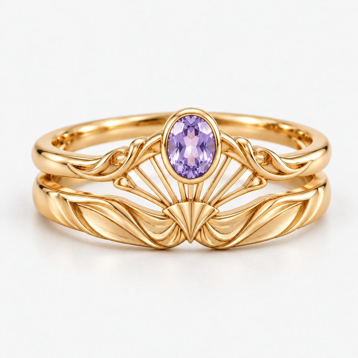 Moon Fairy Fan Stacking Ring Set in gold, front view