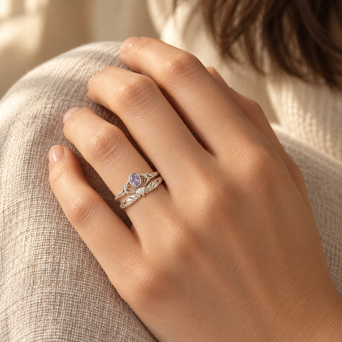Moon Fairy Fan Stacking Ring Set in silver, worn by a woman