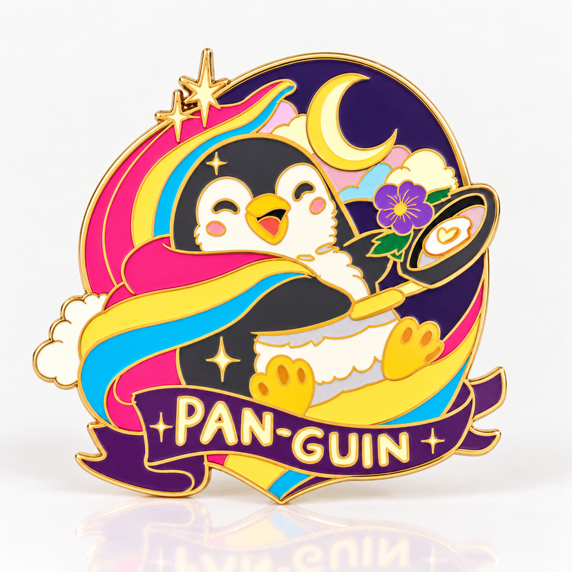 Pan-guin Glow-in-Dark Enamel Pin by Kraymer Art, front view on white
