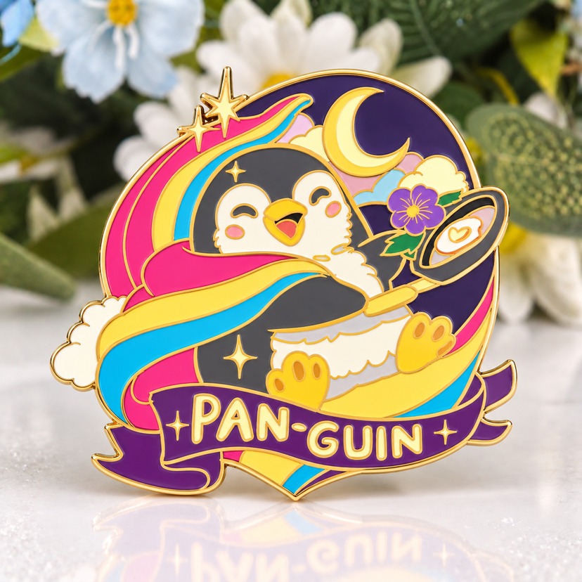 Pan-guin enamel pin on floral background