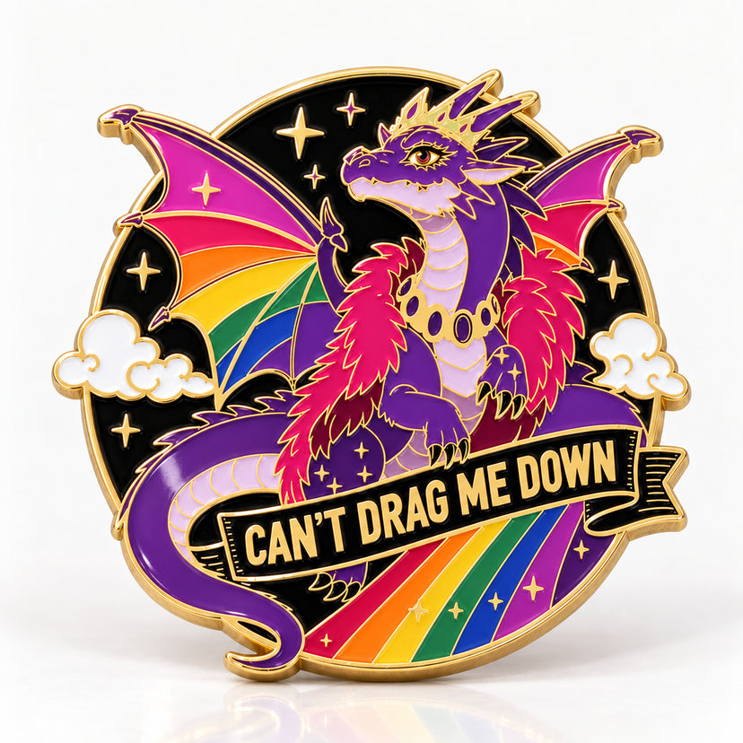 Pride Dragon Enamel Pin by Kraymer Art, front view on white