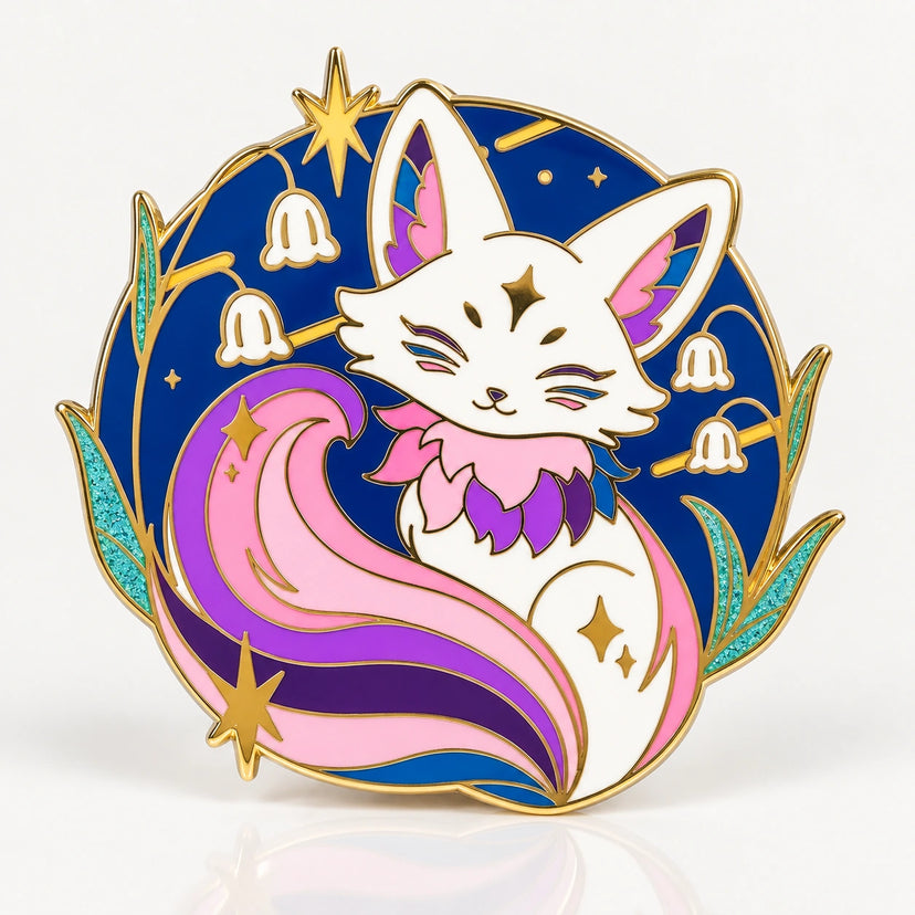 Pride Fox Glow-in-Dark Enamel Pin by Kraymer Art, front view on white