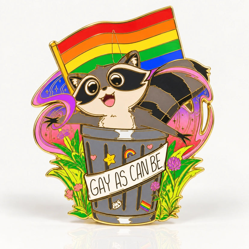 Pride Raccoon Enamel Pin by Kraymer Art, front view on white