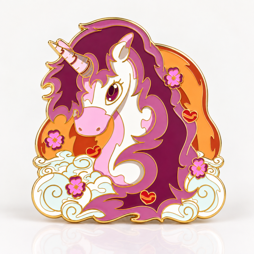 Pride Unicorn Glow-in-Dark Enamel Pin by Kraymer Art, front view on white