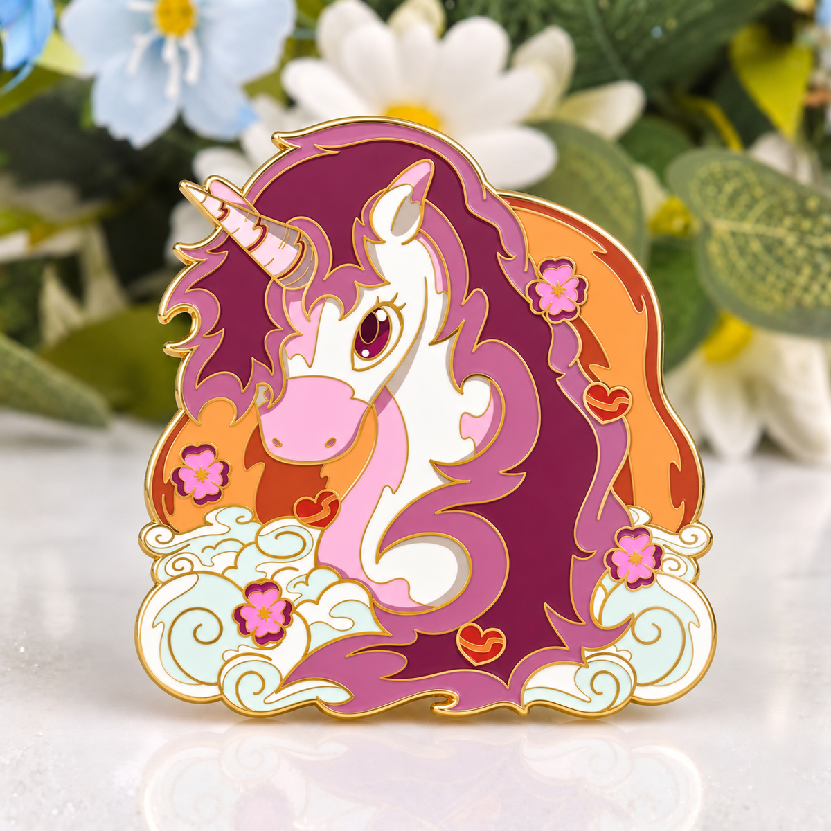 Pride Unicorn enamel pin on floral background