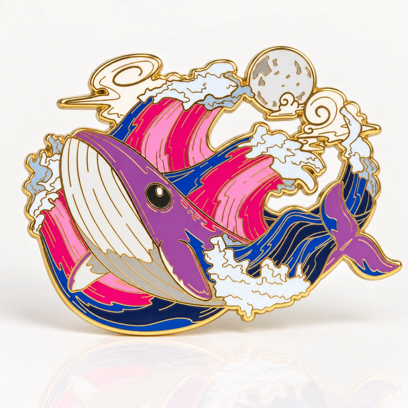 Bisexual Whale Enamel Pin by Kraymer Art, front view on white