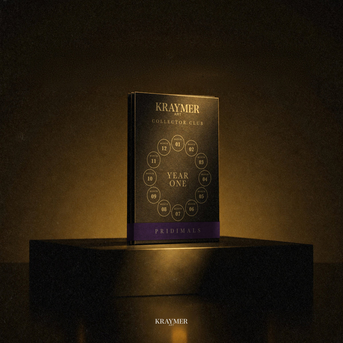 The Pridimals Collector Club folio, closed, standing in a shaft of gold light